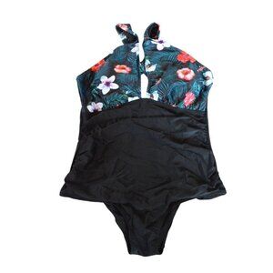 NWT Retro Daci Womens Floral Halter One Piece Swimsuit Criss Cross Back Size 18W